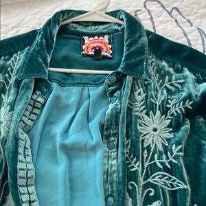 Johnny Was Teal Velvet Embroidered blouse